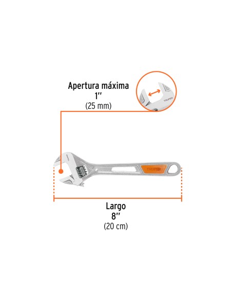 LLAVE AJUSTABLE, 8  (200MM), CROMADA CON GRIP