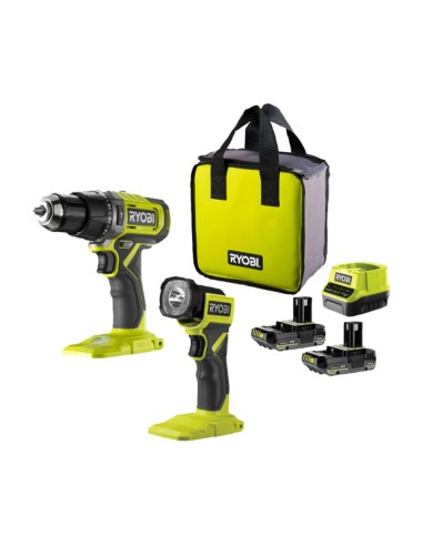 KIT RYOBI 18V (TALADRO P.,LINTERNA, 2 BATERIAS, CARGADOR Y BOLSA)